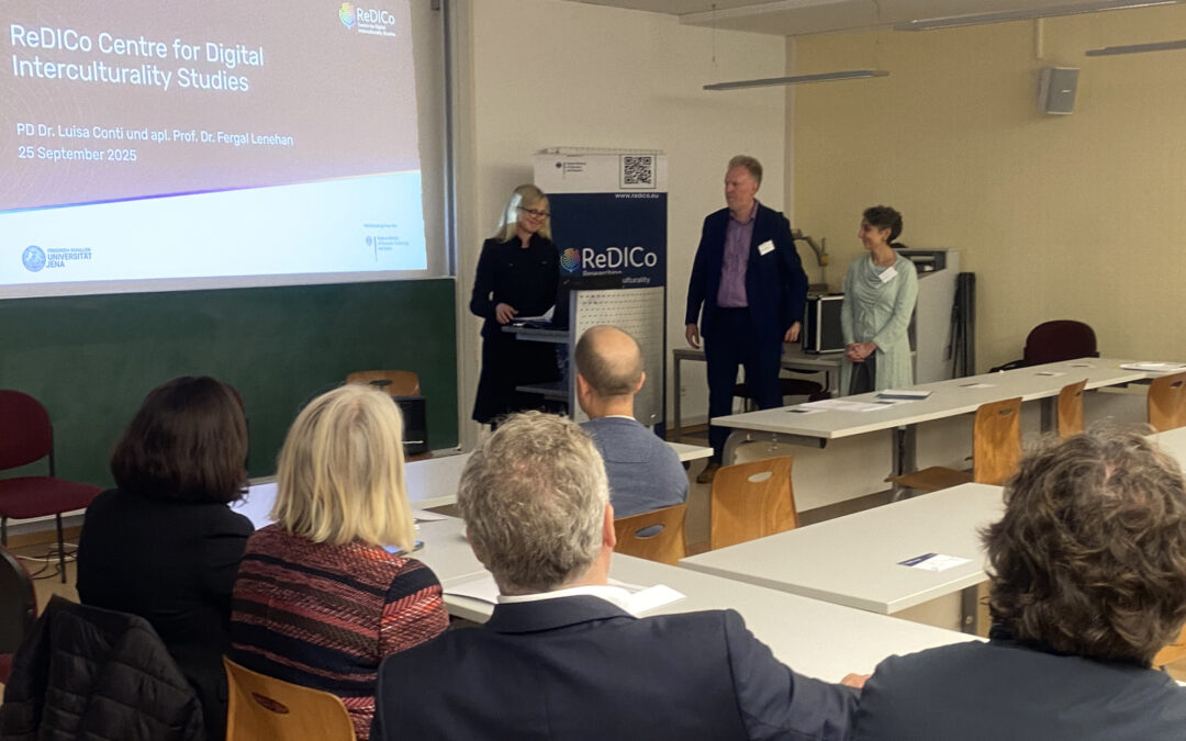 Prof. Dr. Julia Kuhn, vice dean of the Faculty of Arts and Humanities at the University of Jena, with Fergal Lenehan and Luisa Conti at the inauguration of the Centre for Digital Interculturality Studies.